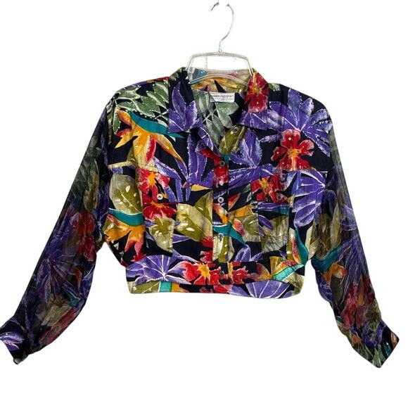 Vintage 80s Women's Tropical Print Cropped Jacket Sheer Sleeves Button Up Bright - Picture 1 of 10